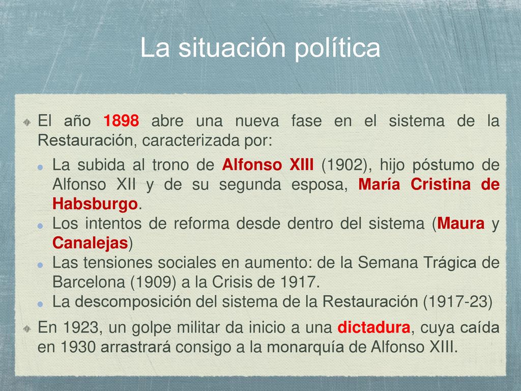 La situación política El año 1898 abre una nueva fase en el sistema de la Restauración, caracterizada por: