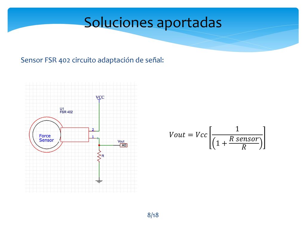 Soluciones aportadas Sensor FSR 402 circuito adaptación de señal: