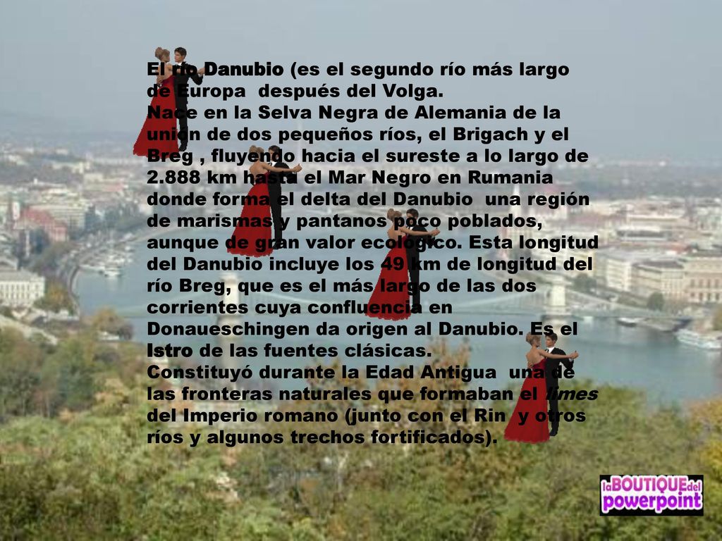 El río Danubio (es el segundo río más largo de Europa después del Volga. Nace en la Selva Negra de Alemania de la unión de dos pequeños ríos, el Brigach y el Breg , fluyendo hacia el sureste a lo largo de km hasta el Mar Negro en Rumania donde forma el delta del Danubio una región de marismas y pantanos poco poblados, aunque de gran valor ecológico. Esta longitud del Danubio incluye los 49 km de longitud del río Breg, que es el más largo de las dos corrientes cuya confluencia en Donaueschingen da origen al Danubio. Es el Istro de las fuentes clásicas.