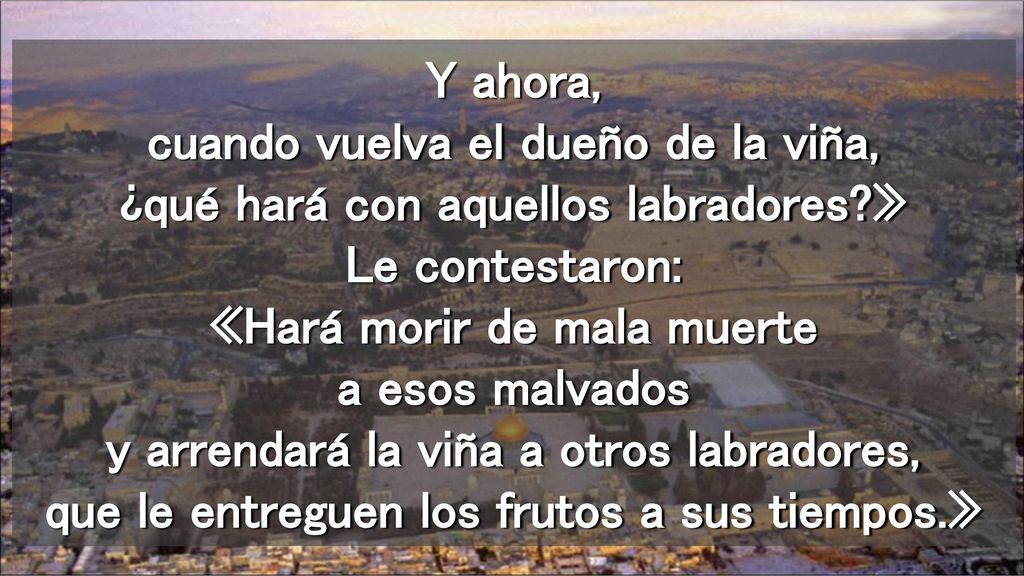 Y ahora, cuando vuelva el dueño de la viña, ¿qué hará con aquellos labradores » Le contestaron: «Hará morir de mala muerte a esos malvados y arrendará la viña a otros labradores, que le entreguen los frutos a sus tiempos.»