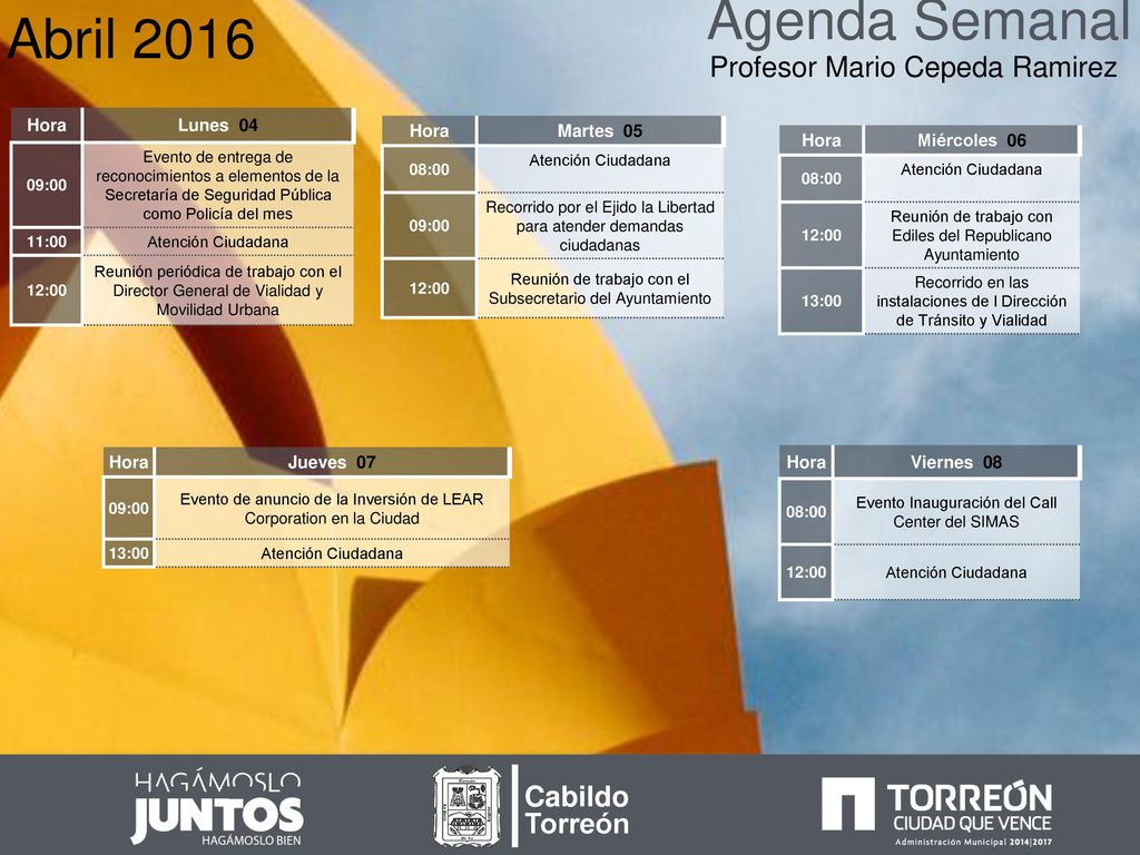 Agenda Semanal Abril 2016 Profesor Mario Cepeda Ramirez Cabildo