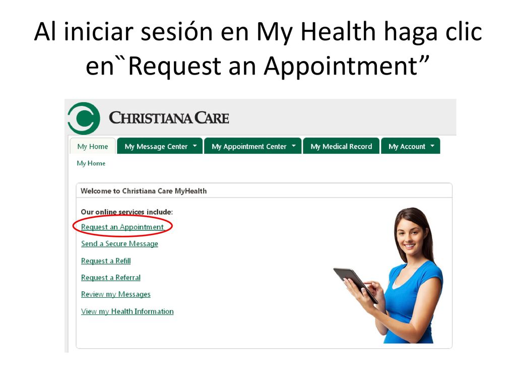 Al iniciar sesión en My Health haga clic en ̏Request an Appointment