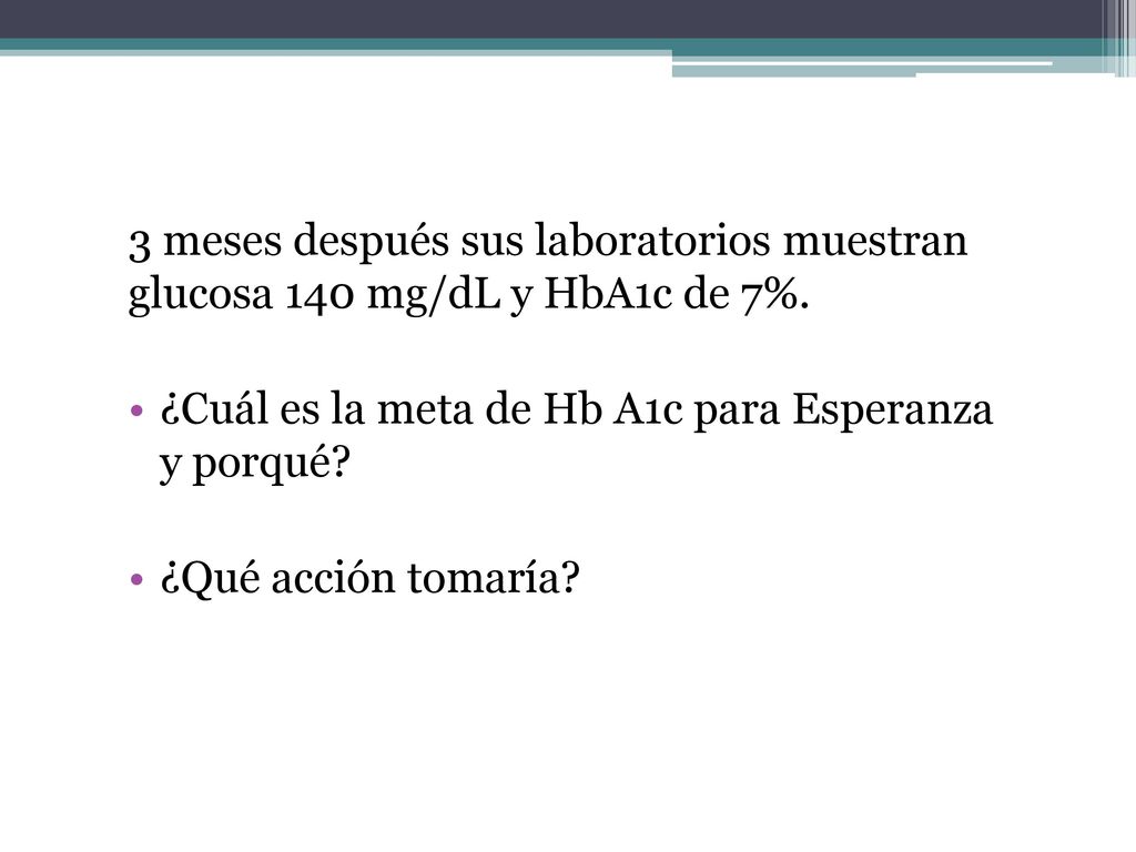 3 meses después sus laboratorios muestran glucosa 140 mg/dL y HbA1c de 7%.
