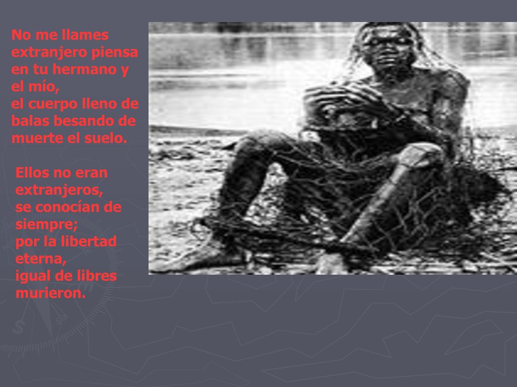 No me llames extranjero piensa en tu hermano y el mío, el cuerpo lleno de balas besando de muerte el suelo.