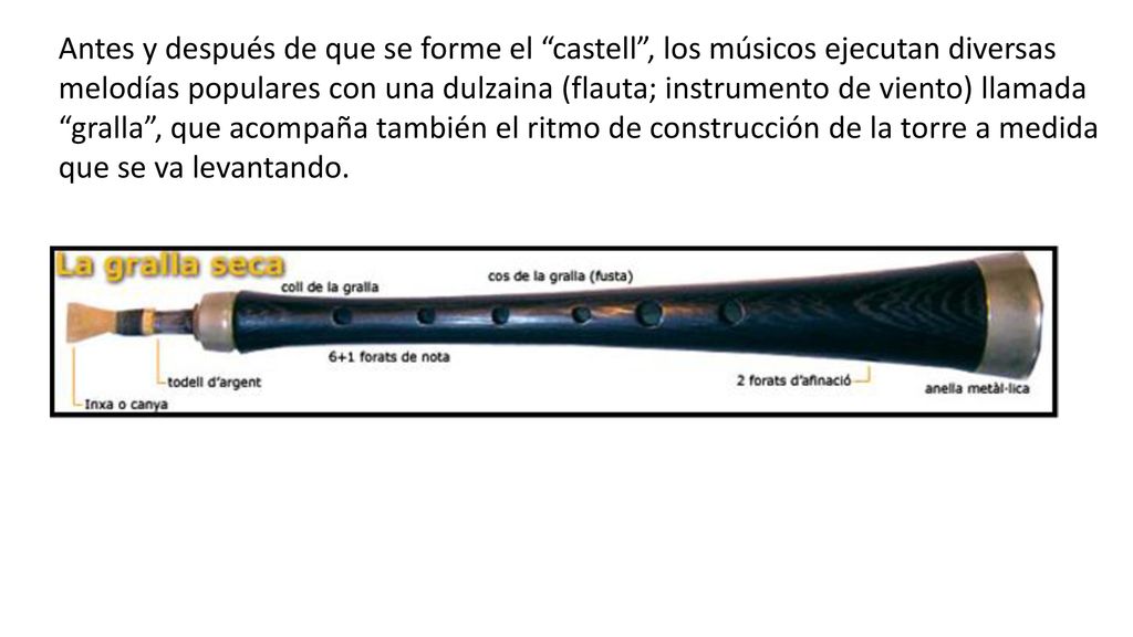 Antes y después de que se forme el castell , los músicos ejecutan diversas melodías populares con una dulzaina (flauta; instrumento de viento) llamada gralla , que acompaña también el ritmo de construcción de la torre a medida que se va levantando.