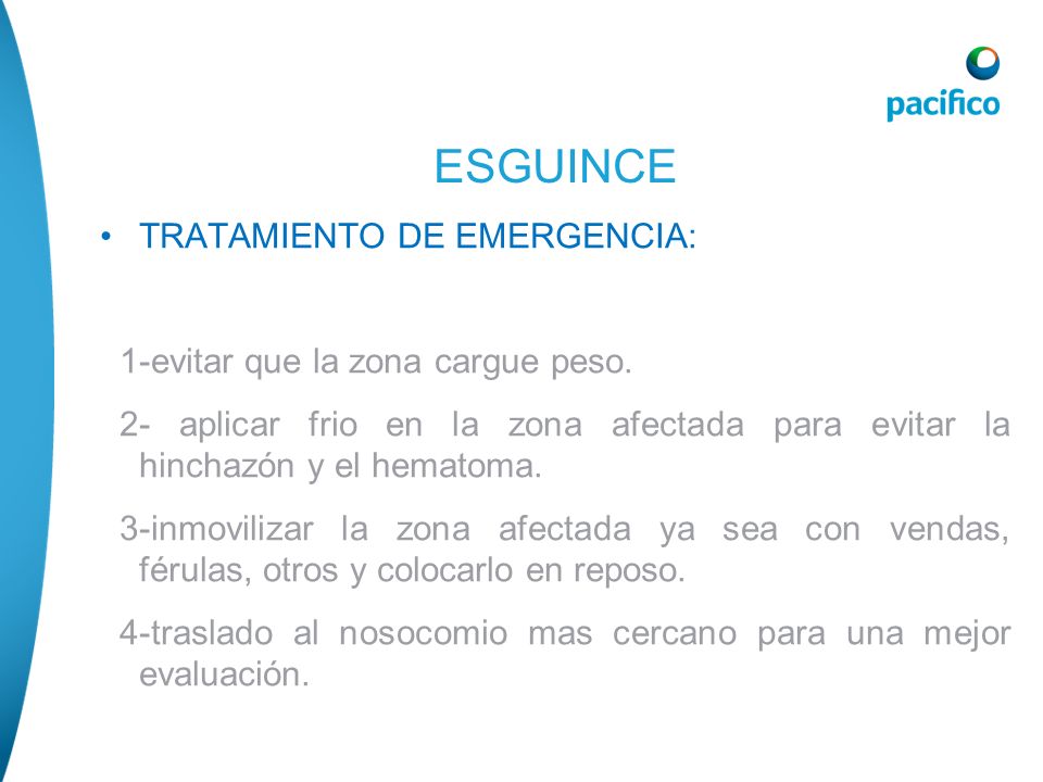 ESGUINCE TRATAMIENTO DE EMERGENCIA: 1-evitar que la zona cargue peso.
