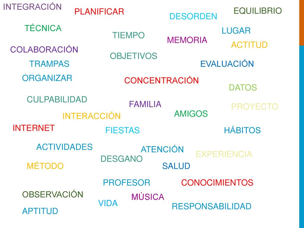 INTEGRACIÓN PLANIFICAR. EQUILIBRIO. DESORDEN. TÉCNICA. LUGAR. TIEMPO. MEMORIA. ACTITUD. COLABORACIÓN.