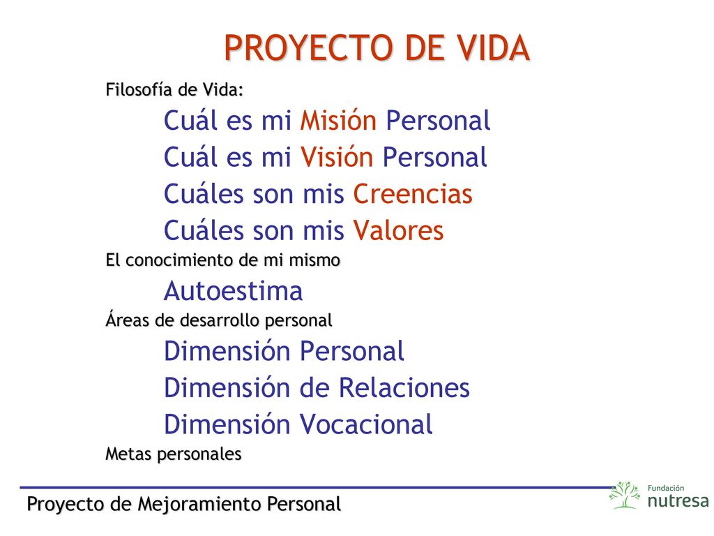 PROYECTO DE VIDA Cuál es mi Misión Personal Cuál es mi Visión Personal