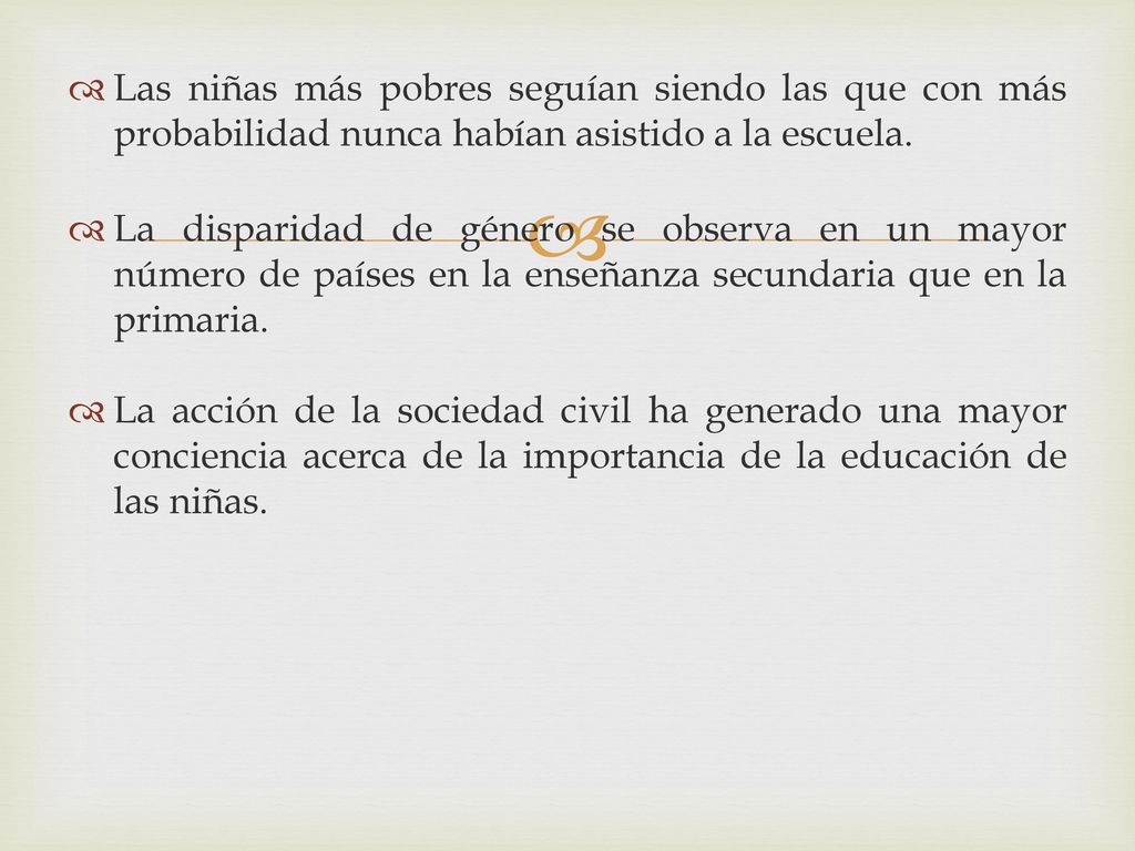 Las niñas más pobres seguían siendo las que con más probabilidad nunca habían asistido a la escuela.