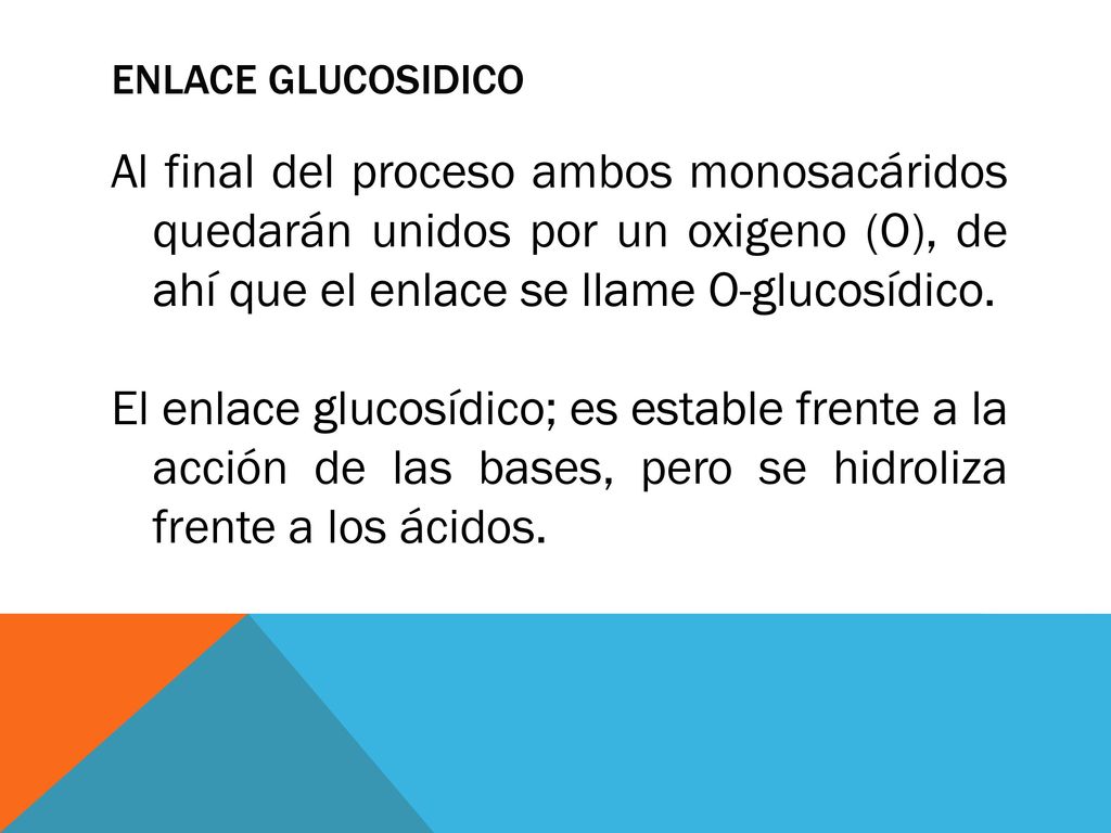 ENLACE GLUCOSIDICO Al final del proceso ambos monosacáridos quedarán unidos por un oxigeno (O), de ahí que el enlace se llame O-glucosídico.