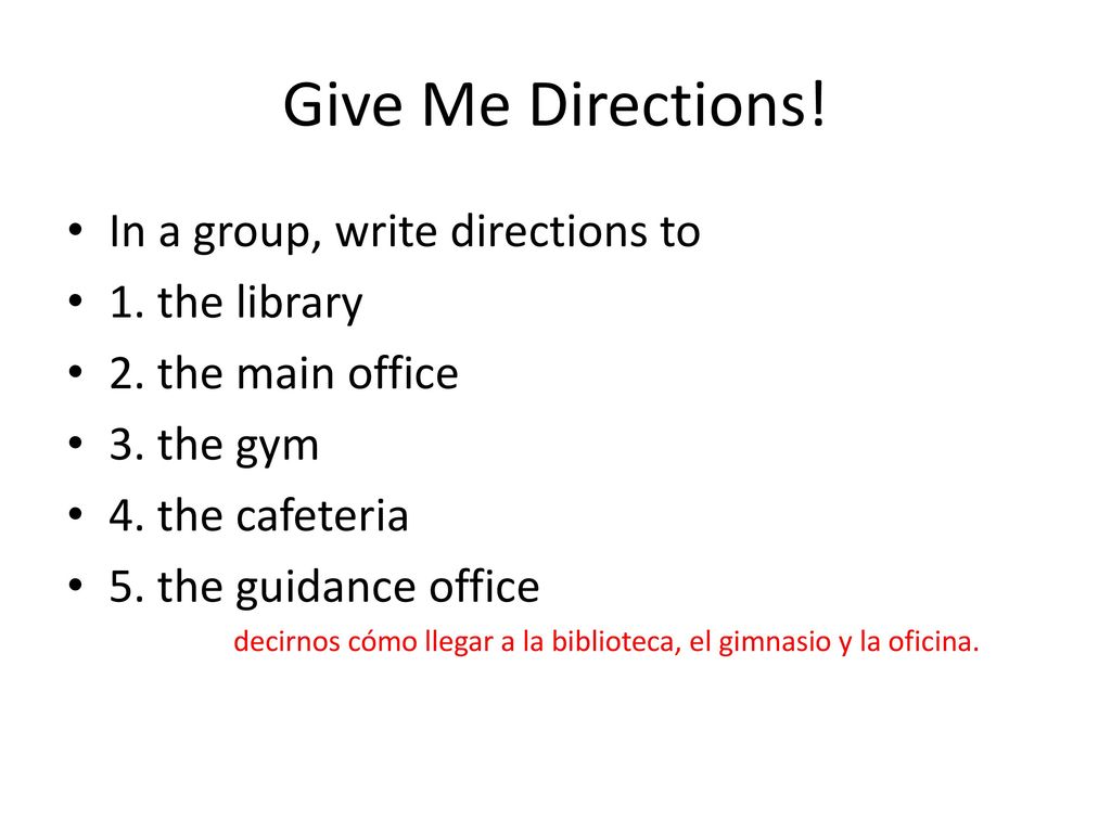Give Me Directions! In a group, write directions to 1. the library