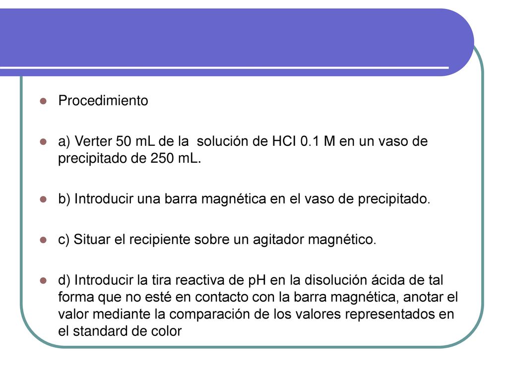 Procedimiento a) Verter 50 mL de la solución de HCI 0.1 M en un vaso de precipitado de 250 mL.