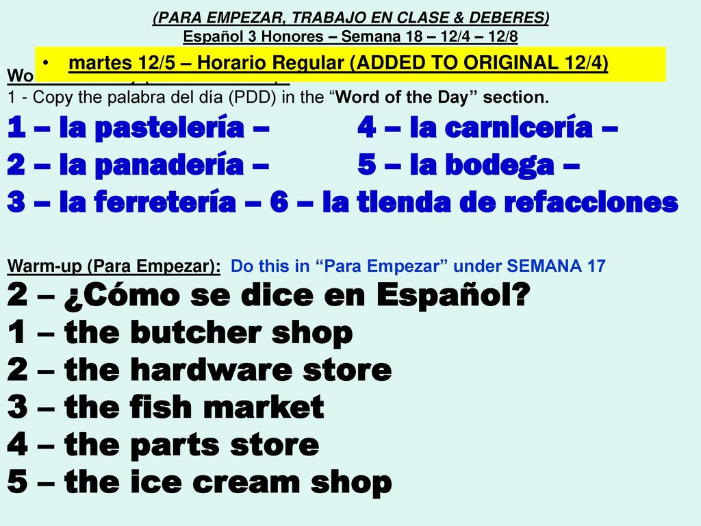 1 – la pastelería – 4 – la carnicería –
