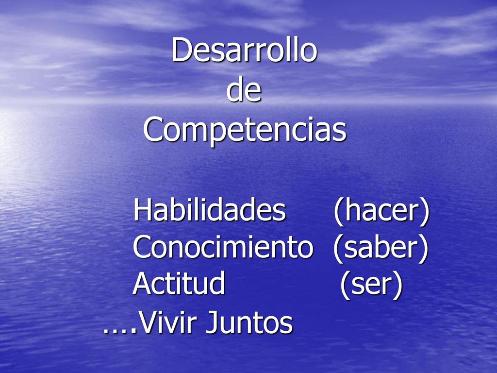 Desarrollo de Competencias Habilidades (hacer) Conocimiento (saber) Actitud (ser) ….Vivir Juntos