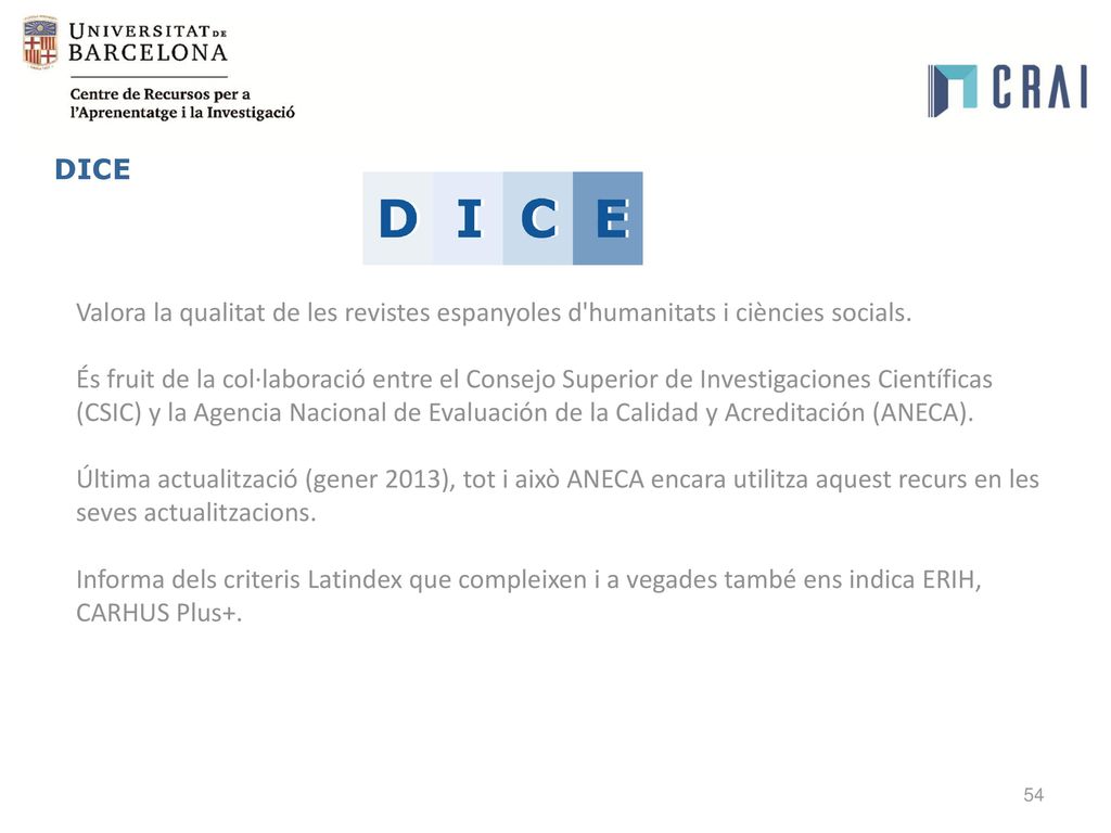 DICE Valora la qualitat de les revistes espanyoles d humanitats i ciències socials.