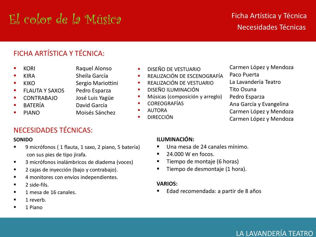 El color de la Música Ficha Artística y Técnica Necesidades Técnicas