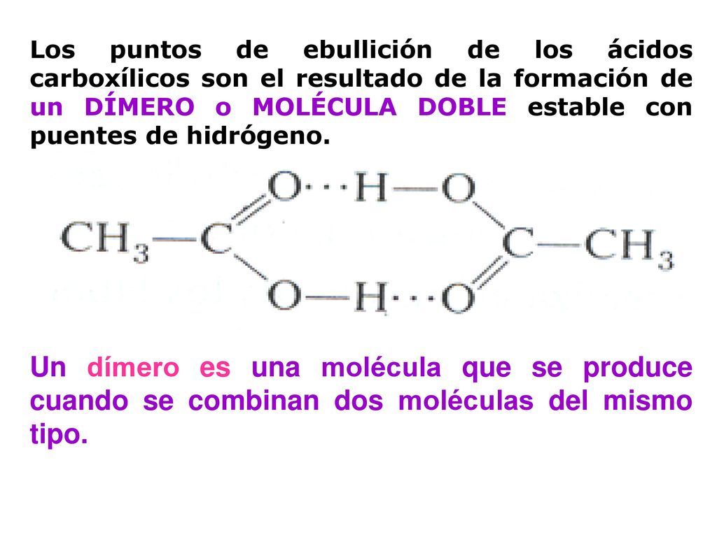 Los puntos de ebullición de los ácidos carboxílicos son el resultado de la formación de un DÍMERO o MOLÉCULA DOBLE estable con puentes de hidrógeno.