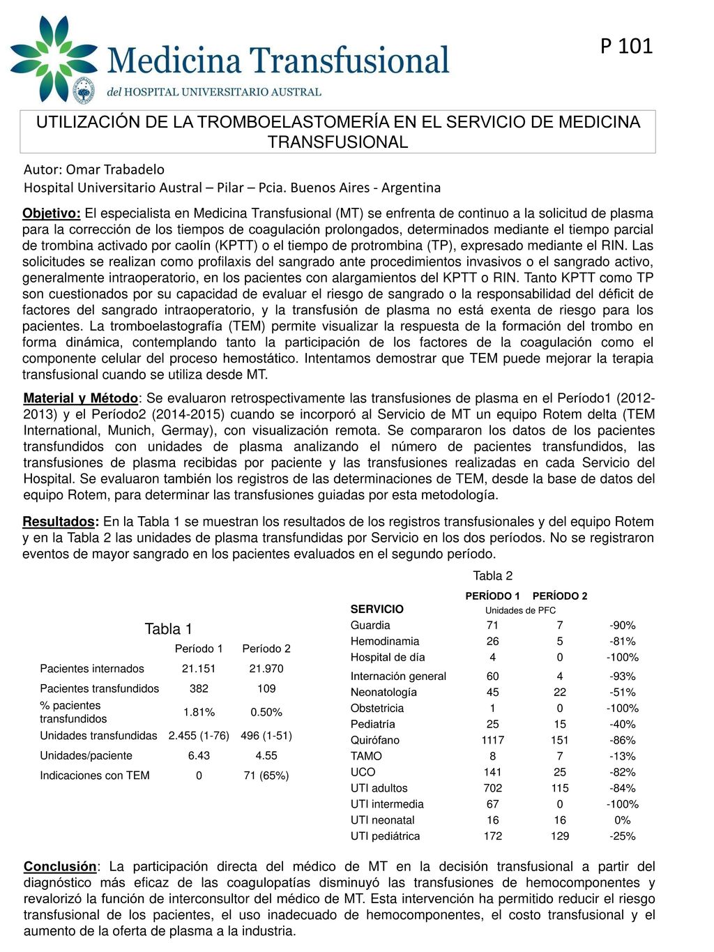 P 101 UTILIZACIÓN DE LA TROMBOELASTOMERÍA EN EL SERVICIO DE MEDICINA TRANSFUSIONAL. Autor: Omar Trabadelo.