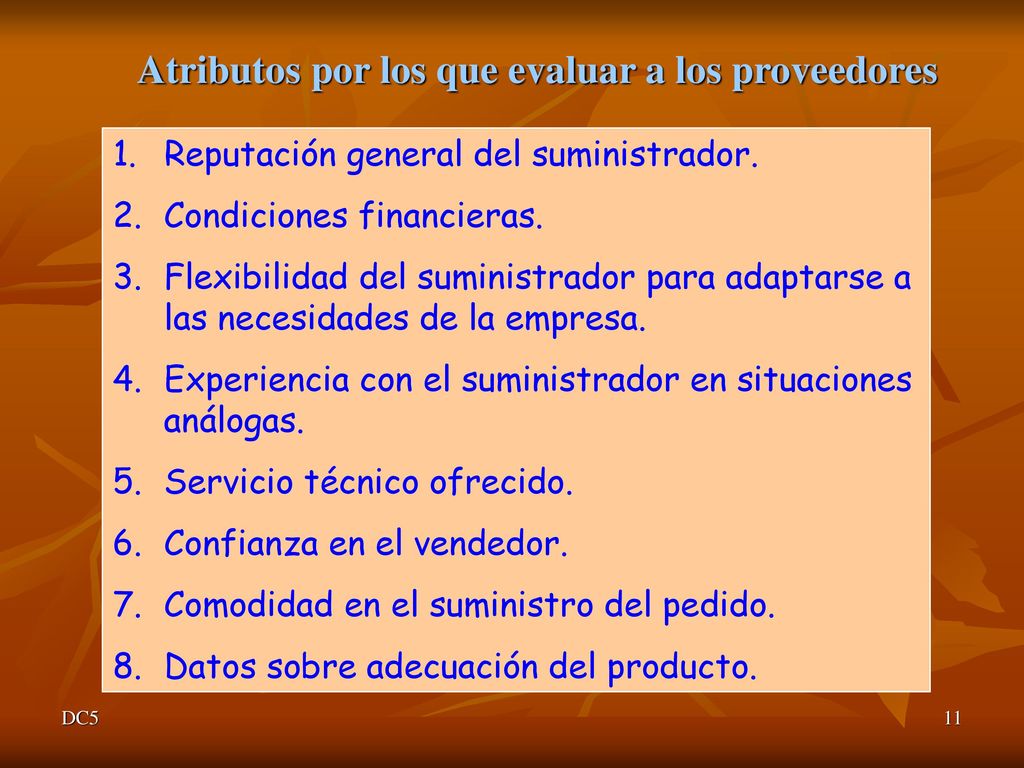 Atributos por los que evaluar a los proveedores