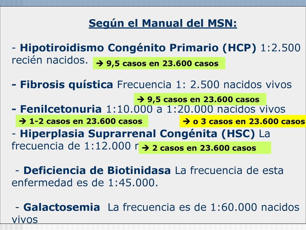 Según el Manual del MSN: - Hipotiroidismo Congénito Primario (HCP) 1:2