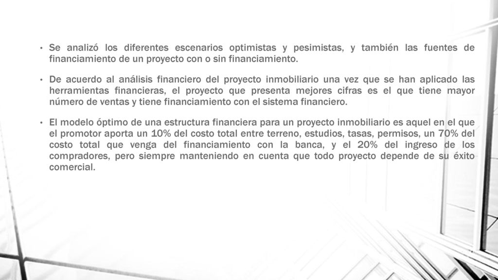 Se analizó los diferentes escenarios optimistas y pesimistas, y también las fuentes de financiamiento de un proyecto con o sin financiamiento.