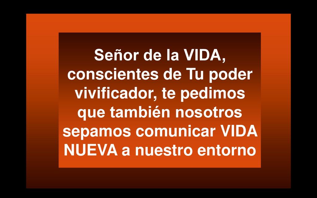 Señor de la VIDA, conscientes de Tu poder vivificador, te pedimos que también nosotros sepamos comunicar VIDA NUEVA a nuestro entorno