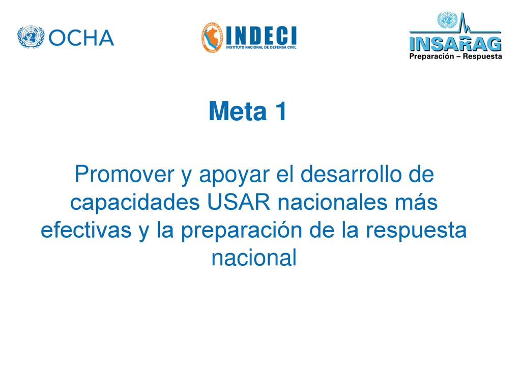 Meta 1 Promover y apoyar el desarrollo de capacidades USAR nacionales más efectivas y la preparación de la respuesta nacional.