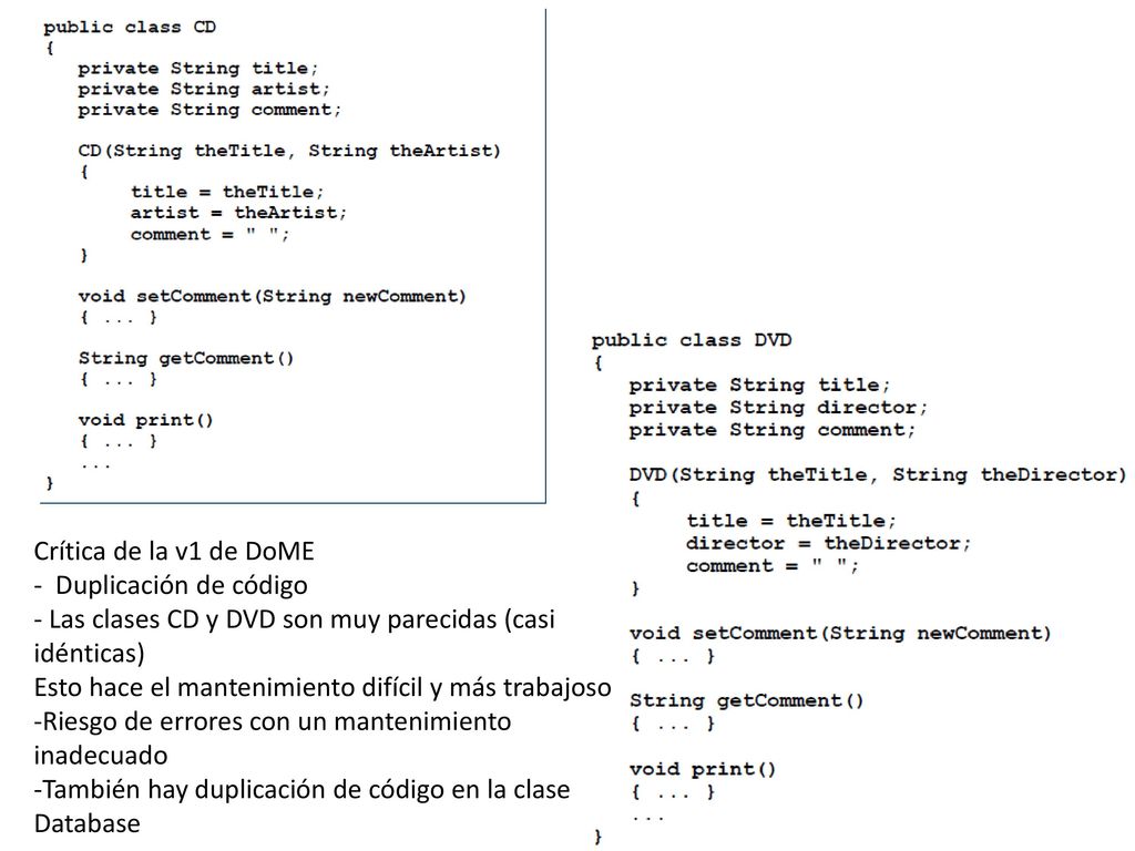 Crítica de la v1 de DoME - Duplicación de código. - Las clases CD y DVD son muy parecidas (casi idénticas)