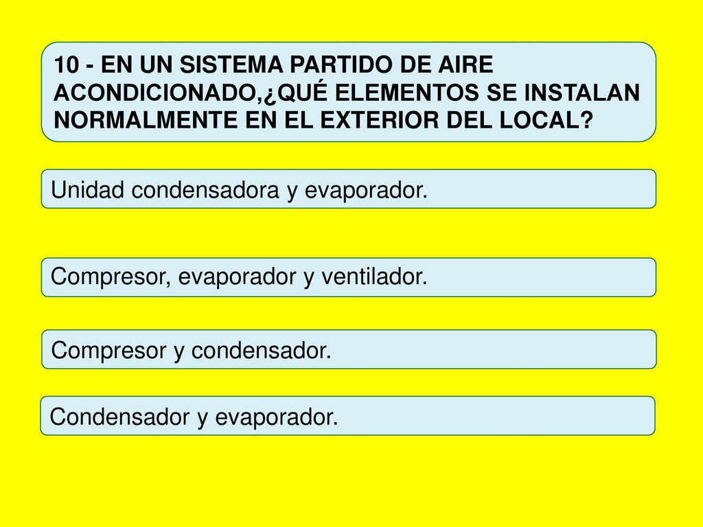 10 - EN UN SISTEMA PARTIDO DE AIRE ACONDICIONADO,¿QUÉ ELEMENTOS SE INSTALAN NORMALMENTE EN EL EXTERIOR DEL LOCAL