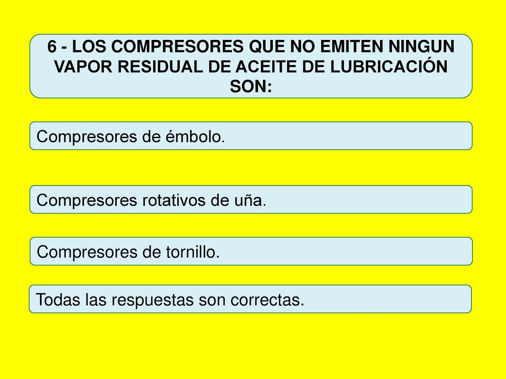 6 - LOS COMPRESORES QUE NO EMITEN NINGUN VAPOR RESIDUAL DE ACEITE DE LUBRICACIÓN SON: