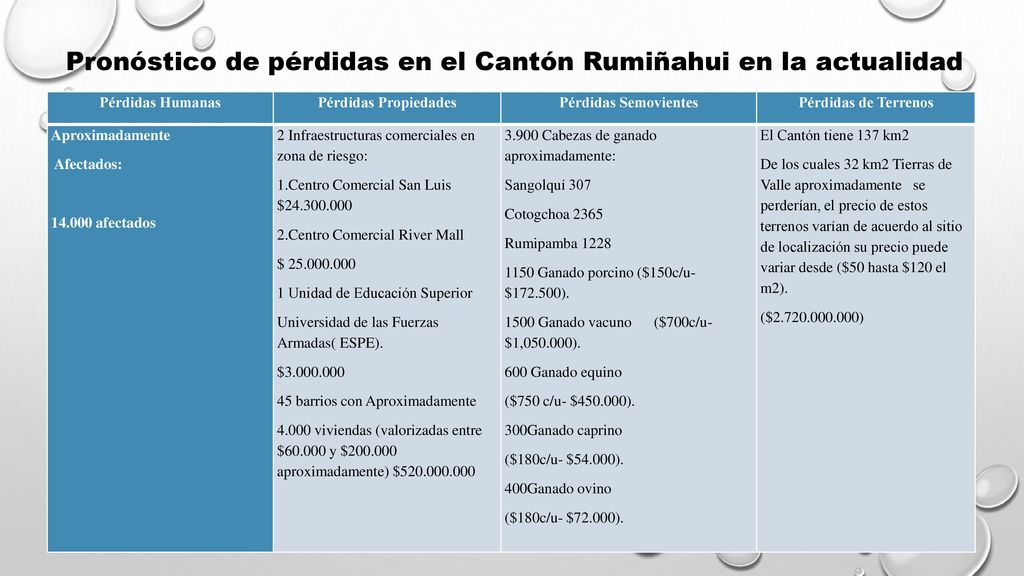 Pronóstico de pérdidas en el Cantón Rumiñahui en la actualidad