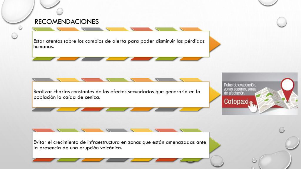 RECOMENDACIONES Estar atentos sobre los cambios de alerta para poder disminuir las pérdidas humanas.
