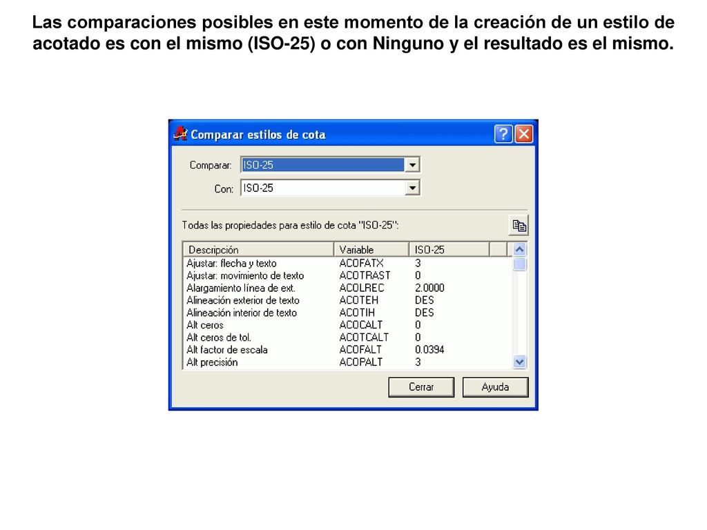 Las comparaciones posibles en este momento de la creación de un estilo de acotado es con el mismo (ISO-25) o con Ninguno y el resultado es el mismo.