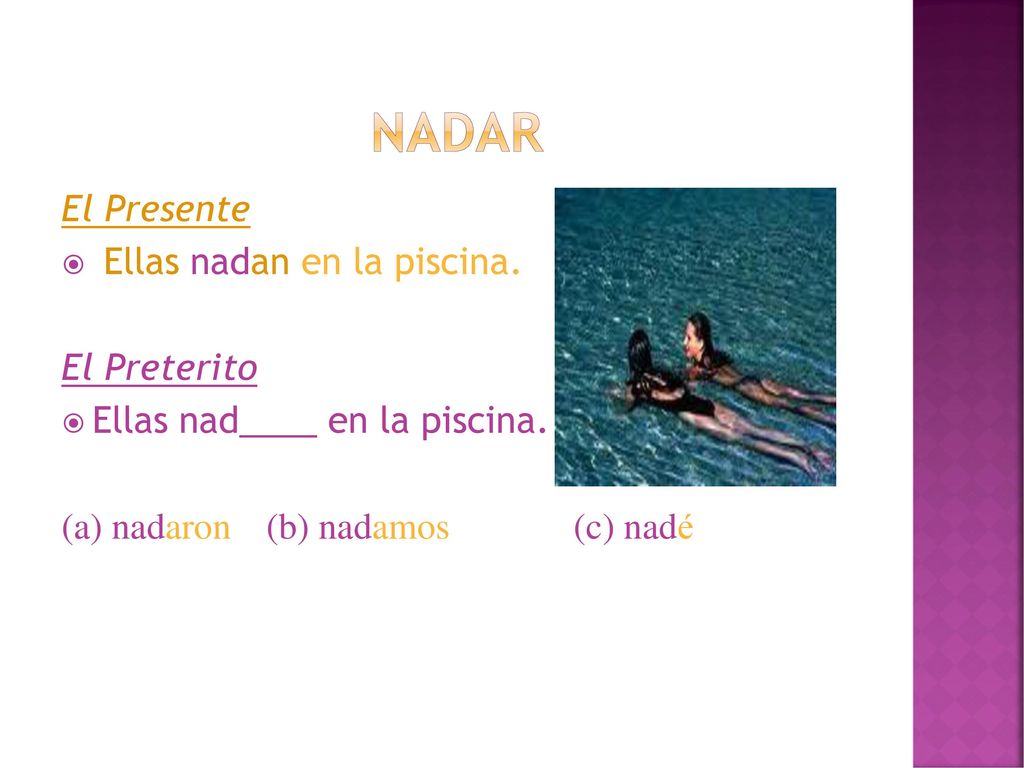 nadar El Presente Ellas nadan en la piscina. El Preterito