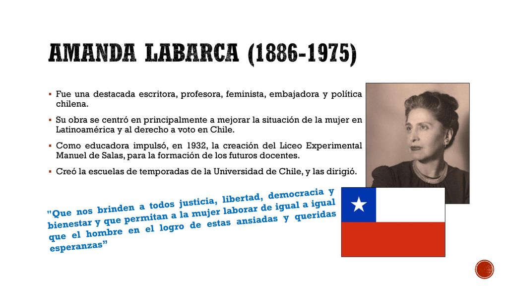 Amanda labarca ( ) Fue una destacada escritora, profesora, feminista, embajadora y política chilena.