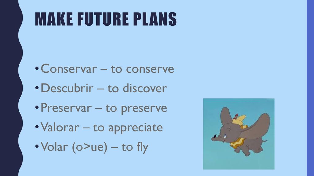 Make future plans Conservar – to conserve Descubrir – to discover