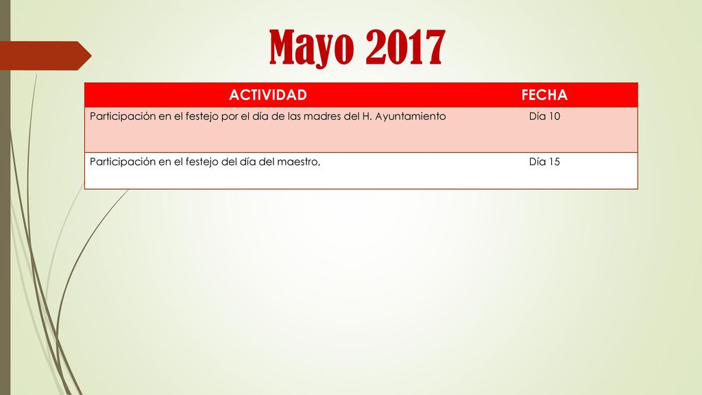 Mayo 2017 ACTIVIDAD. FECHA. Participación en el festejo por el día de las madres del H. Ayuntamiento.
