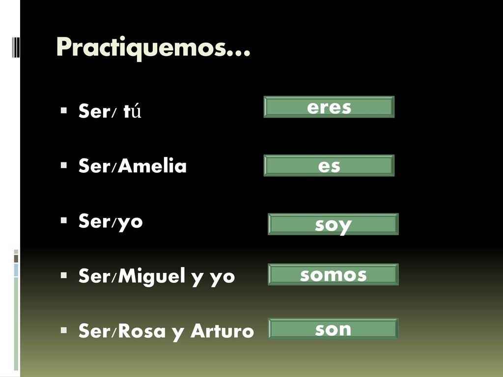 Practiquemos… eres es soy somos son Ser/ tú Ser/Amelia Ser/yo