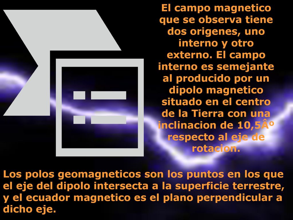 El campo magnetico que se observa tiene dos origenes, uno interno y otro externo. El campo interno es semejante al producido por un dipolo magnetico situado en el centro de la Tierra con una inclinacion de 10,5Âº respecto al eje de rotacion.