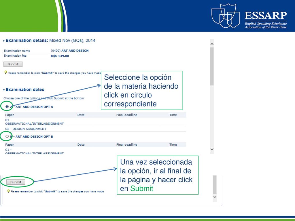 Seleccione la opción de la materia haciendo click en circulo correspondiente