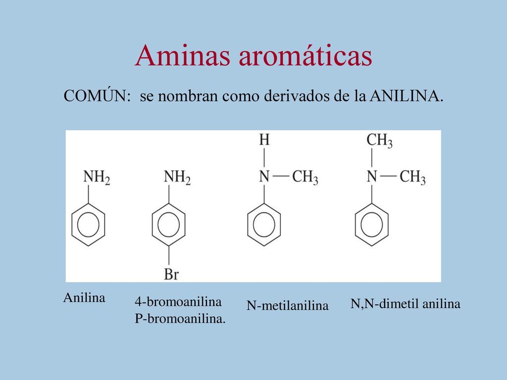 Aminas aromáticas COMÚN: se nombran como derivados de la ANILINA.