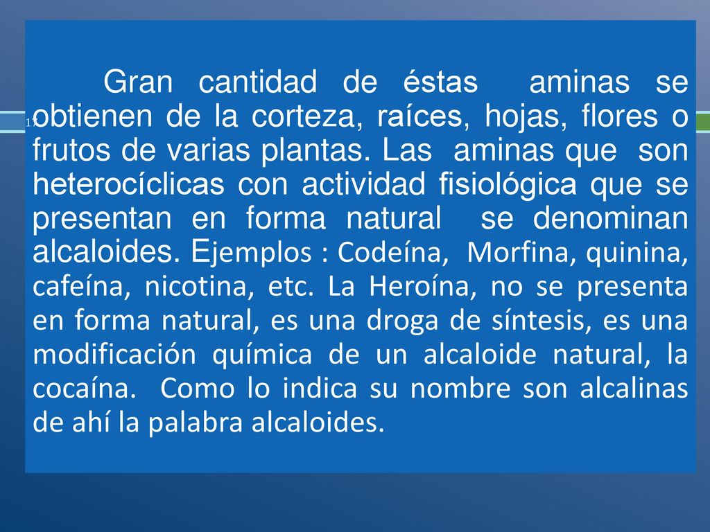 Gran cantidad de éstas aminas se obtienen de la corteza, raíces, hojas, flores o frutos de varias plantas.