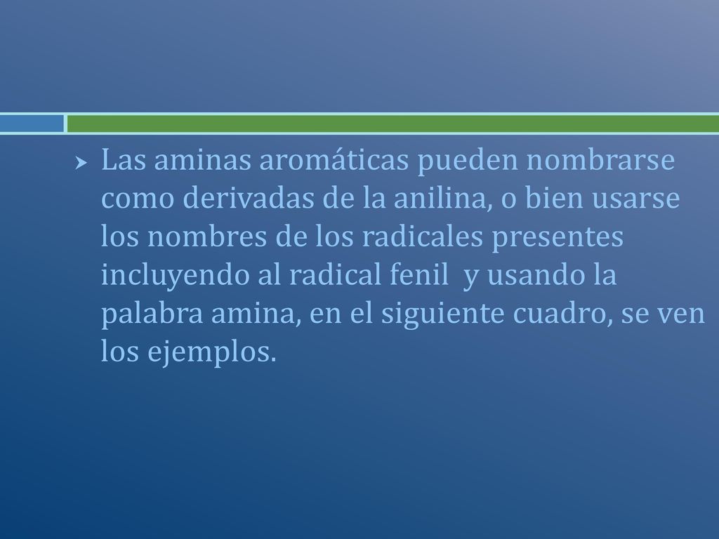 Las aminas aromáticas pueden nombrarse como derivadas de la anilina, o bien usarse los nombres de los radicales presentes incluyendo al radical fenil y usando la palabra amina, en el siguiente cuadro, se ven los ejemplos.