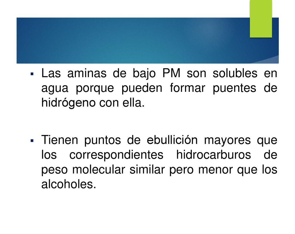 Las aminas de bajo PM son solubles en agua porque pueden formar puentes de hidrógeno con ella.