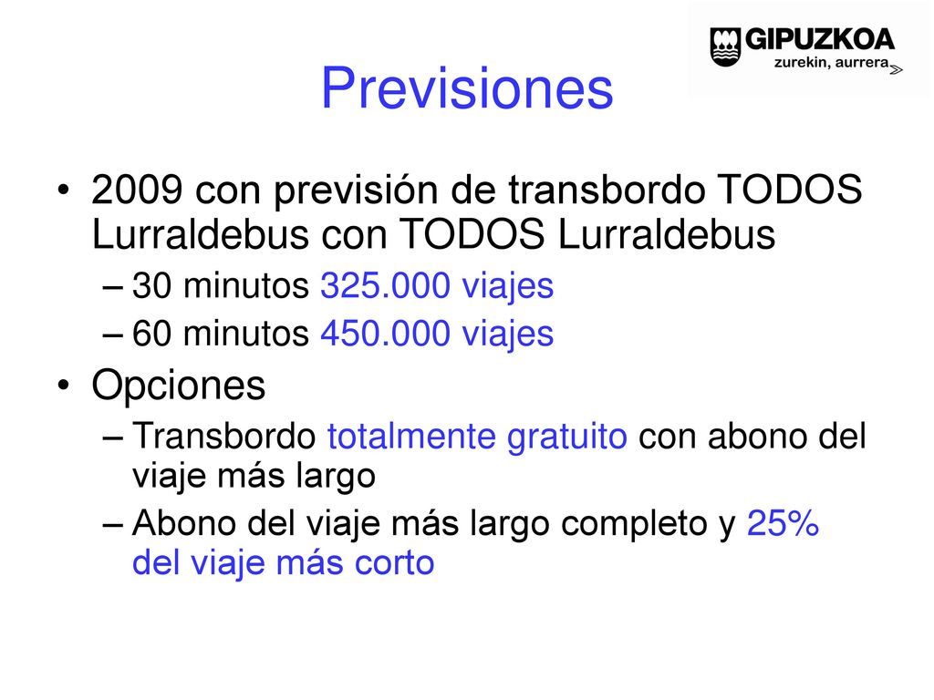 Previsiones 2009 con previsión de transbordo TODOS Lurraldebus con TODOS Lurraldebus. 30 minutos viajes.