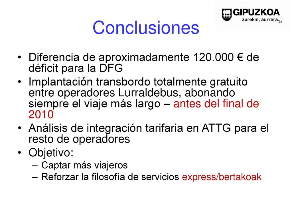 Conclusiones Diferencia de aproximadamente € de déficit para la DFG.