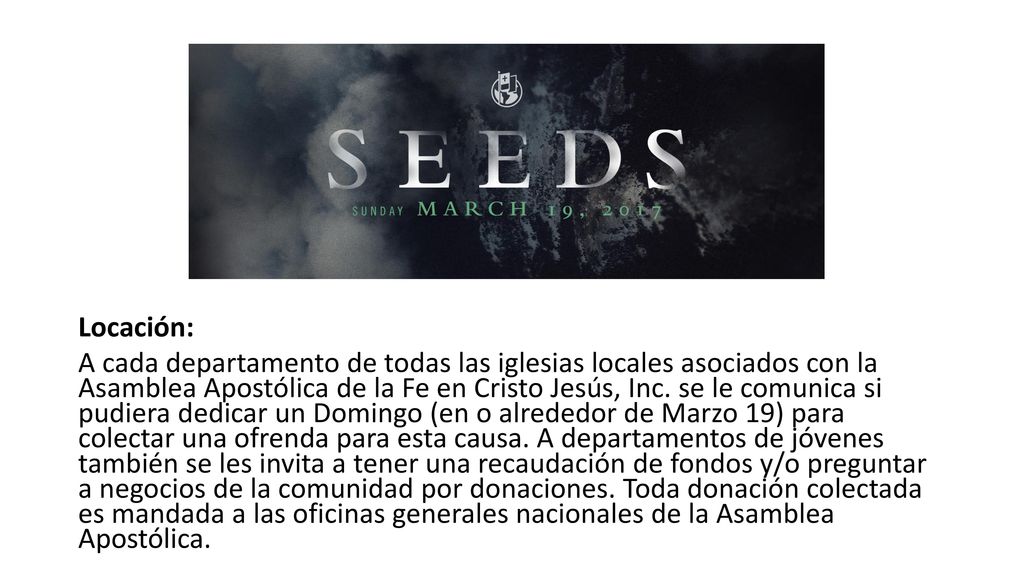 Locación: A cada departamento de todas las iglesias locales asociados con la Asamblea Apostólica de la Fe en Cristo Jesús, Inc.