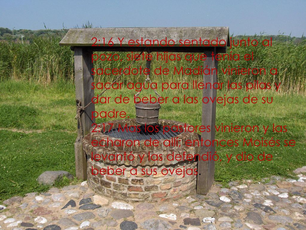 2:16 Y estando sentado junto al pozo, siete hijas que tenía el sacerdote de Madián vinieron a sacar agua para llenar las pilas y dar de beber a las ovejas de su padre. 2:17 Mas los pastores vinieron y las echaron de allí; entonces Moisés se levantó y las defendió, y dio de beber a sus ovejas.