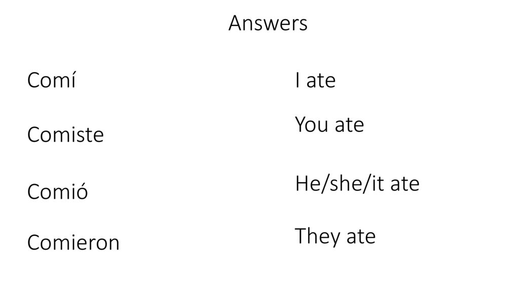 Answers Comí I ate You ate Comiste He/she/it ate Comió They ate Comieron