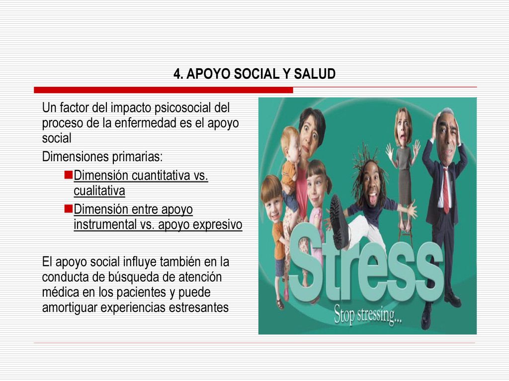 4. APOYO SOCIAL Y SALUD Un factor del impacto psicosocial del proceso de la enfermedad es el apoyo social.